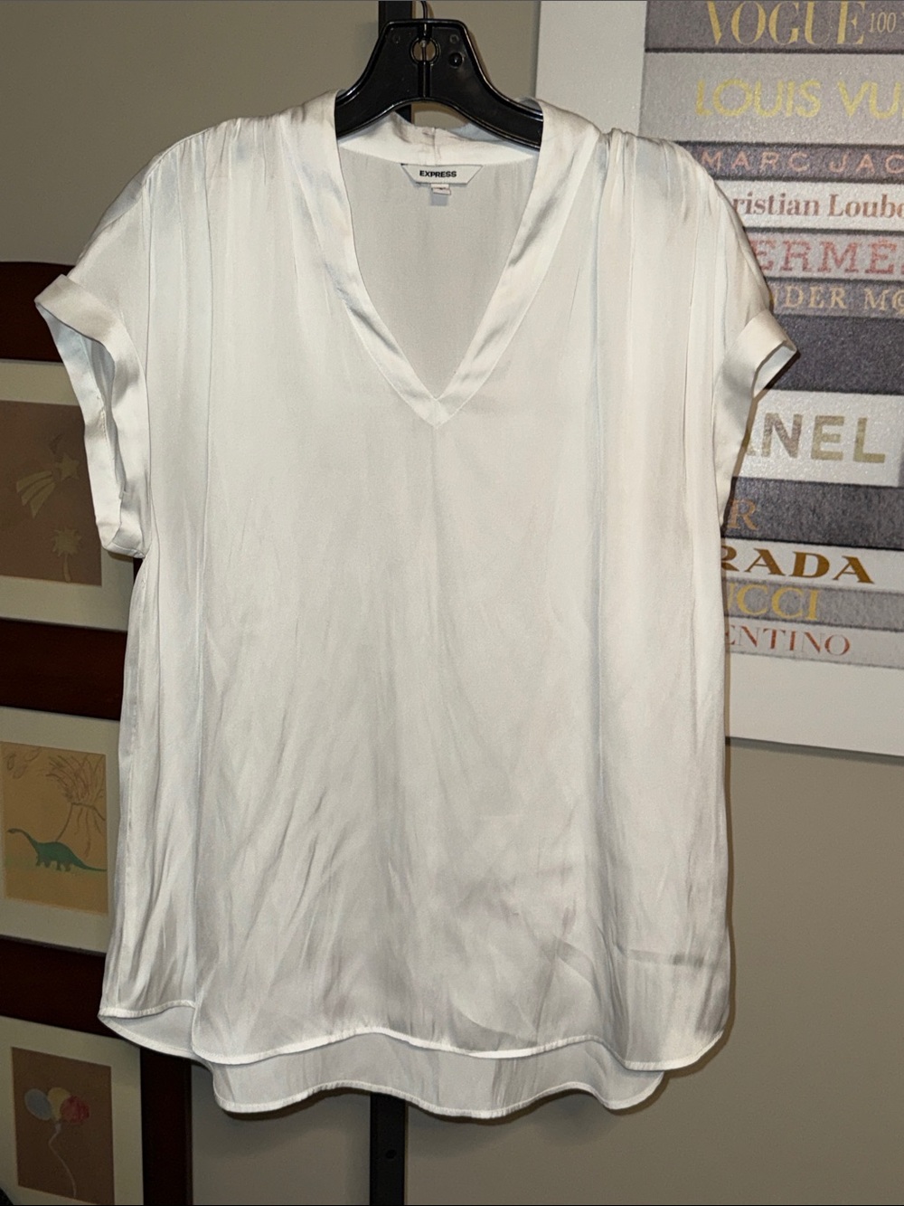 Express White V-Neck Short Sleeve Blouse - Satin-Look